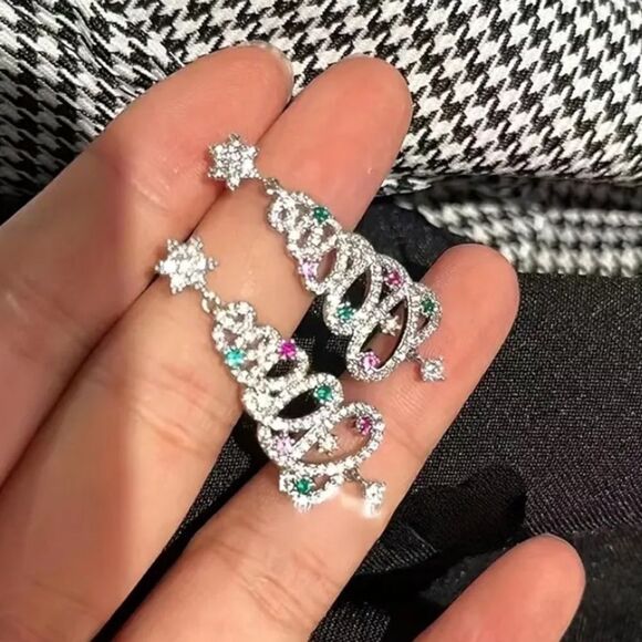 Christmas Tree Dangle Earrings Gold or Silver Tone - Picture 4 of 6